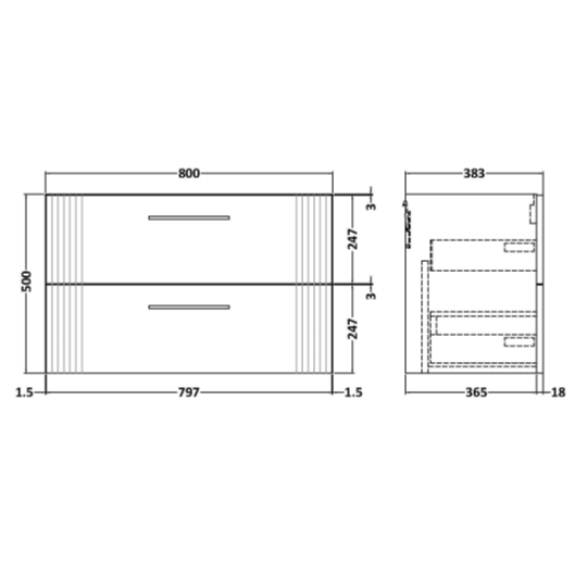 Nuie Deco 800mm Wall Hung 2 Drawer Fluted Vanity Unit & Worktop - Satin White - Unbeatable Bathrooms