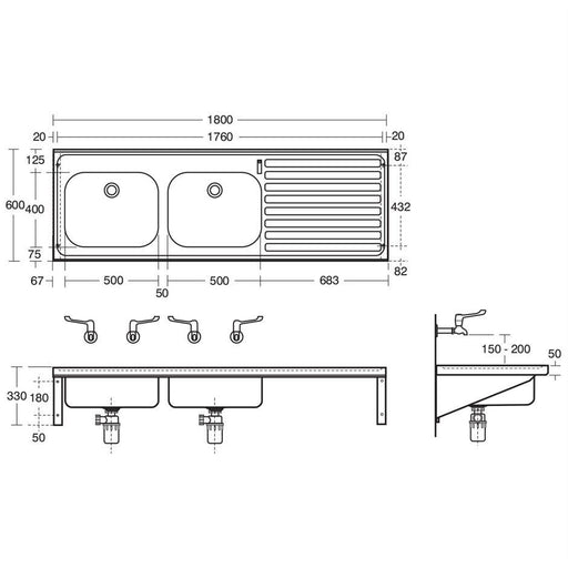 Armitage Shanks Doon Sink, Double Bowl Right Hand Drainer 180cm X 60cm, No Tapholes, No Overflow - Unbeatable Bathrooms