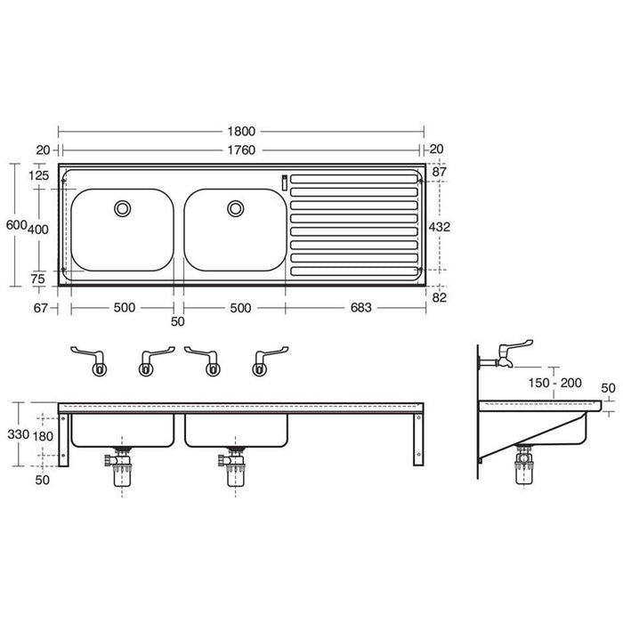 Armitage Shanks Doon Sink, Double Bowl Right Hand Drainer 180cm X 60cm, No Tapholes, No Overflow - Unbeatable Bathrooms