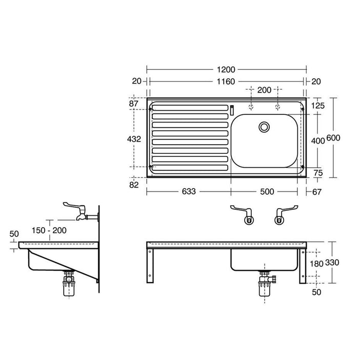 Armitage Shanks Doon Sink, Single Bowl Left Hand Drainer 120cm X 60cm, 2 Tapholes At 200mm Centres, No Overflow - Unbeatable Bathrooms