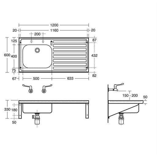 Armitage Shanks Doon Sink, Single Bowl Right Hand Drainer 120cm X 60cm, No Tapholes, No Overflow - Unbeatable Bathrooms