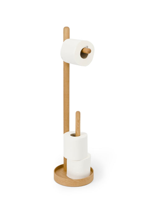 Yoku Round Freestanding Toilet Roll Holder - Natural Oak - Unbeatable Bathrooms