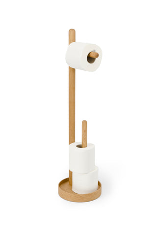 Yoku Round Freestanding Toilet Roll Holder - Natural Oak - Unbeatable Bathrooms