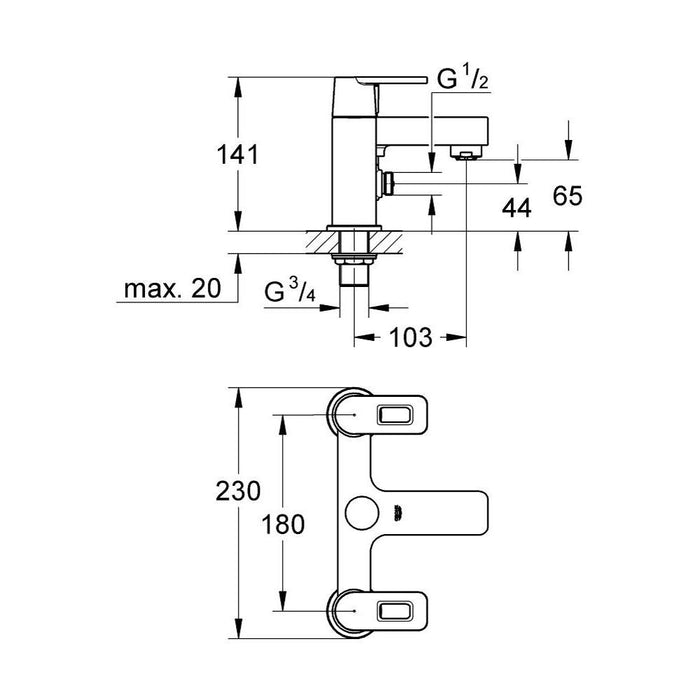 Grohe Quadra Two-Handled Bath/Shower Mixer 1/2" - Unbeatable Bathrooms