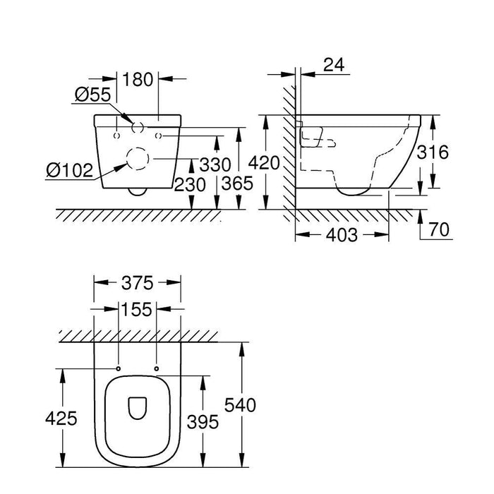 Grohe Euro Ceramic Wall Hung Toilet - 375 x 425mm - Unbeatable Bathrooms