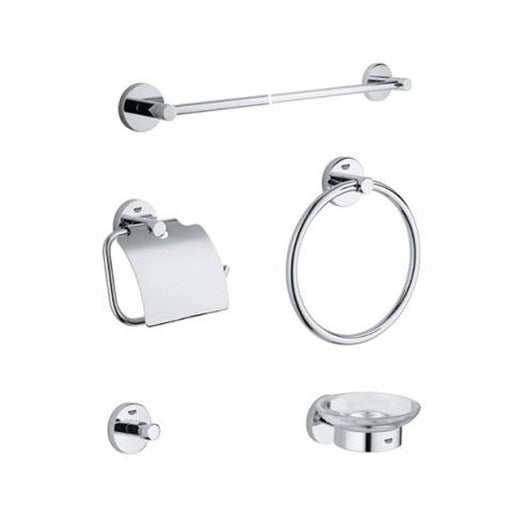 Grohe Essentials 5-in-1 Chrome Bathroom Accessories Set - Towel Ring, Towel Rail, Robe Hook, Toilet Roll Holder & Soap Dish Holder - Unbeatable Bathrooms