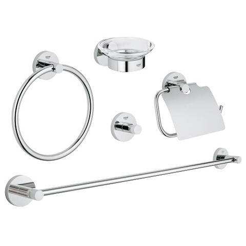 Grohe Essentials 5-in-1 Bathroom Accessories Set - Towel Ring, Towel Rail, Robe Hook, Toilet Roll Holder & Soap Dish Holder - Unbeatable Bathrooms