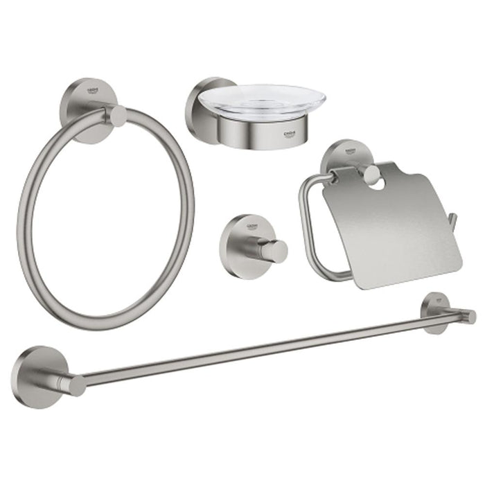 Grohe Essentials 5-in-1 Bathroom Accessories Set - Towel Ring, Towel Rail, Robe Hook, Toilet Roll Holder & Soap Dish Holder - Unbeatable Bathrooms