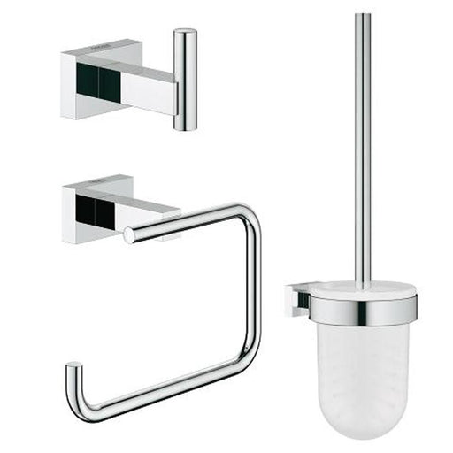 Grohe Essentials Cube 3-in-1 Chrome WC Toilet Accessories Set - Toilet Brush, Toilet Roll Holder & Robe Hook - Unbeatable Bathrooms