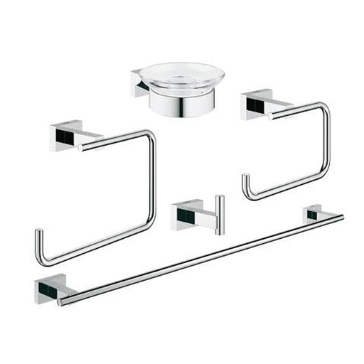 Grohe Essentials Cube 5-in-1 Chrome Bathroom Accessories Set - Towel Rail, Toilet Roll Holder, Robe Hook, Towel Ring & Soap Dish Holder - Unbeatable Bathrooms