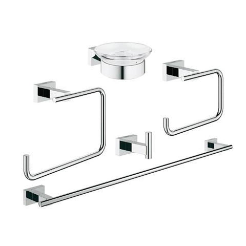 Grohe Essentials Cube 5-in-1 Chrome Bathroom Accessories Set - Towel Rail, Toilet Roll Holder, Robe Hook, Towel Ring & Soap Dish Holder - Unbeatable Bathrooms