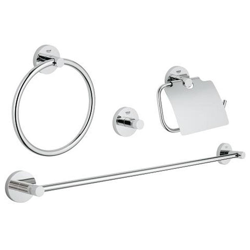 Grohe Essentials 4-in-1 Chrome Bathroom Accessories Set - Towel Ring, Robe Hook, Toilet Roll Holder & Towel Rail - Unbeatable Bathrooms