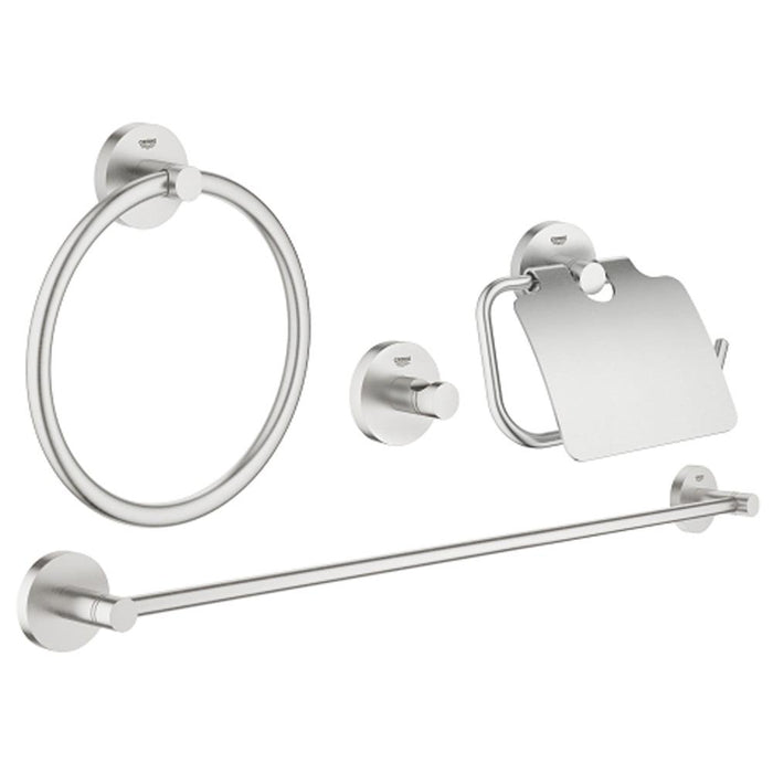 Grohe Essentials 4-in-1 Chrome Bathroom Accessories Set - Towel Ring, Robe Hook, Toilet Roll Holder & Towel Rail - Unbeatable Bathrooms
