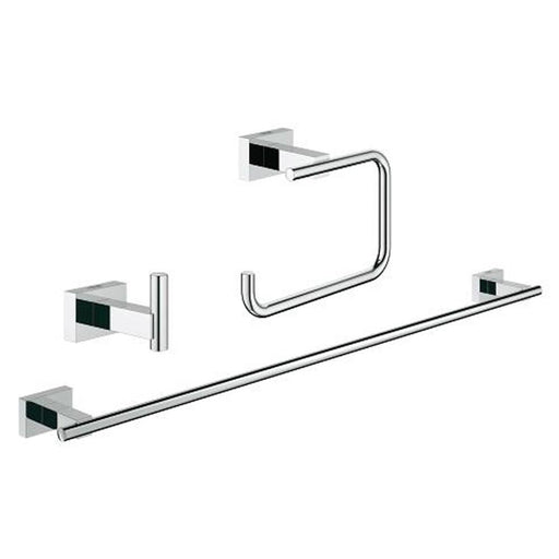 Grohe Essentials Cube 3-in-1 Chrome Bathroom Accessories Set - Robe Hook, Towel Rail & Toilet Roll Holder - Unbeatable Bathrooms