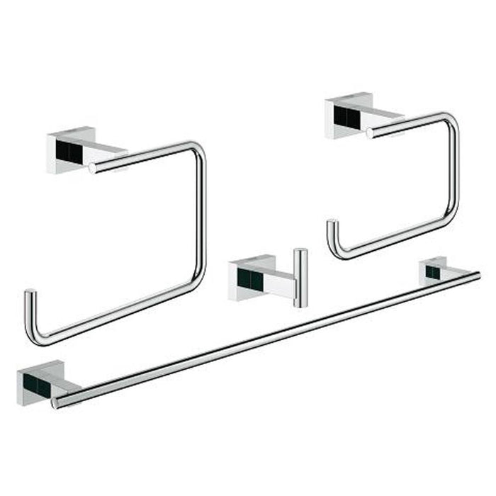 Grohe Essentials Cube 4-in-1 Chrome Bathroom Accessories Set - Robe Hook, Towel Ring, Towel Rail & Toilet Roll Holder - Unbeatable Bathrooms