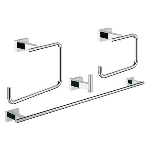 Grohe Essentials Cube 4-in-1 Chrome Bathroom Accessories Set - Robe Hook, Towel Ring, Towel Rail & Toilet Roll Holder - Unbeatable Bathrooms
