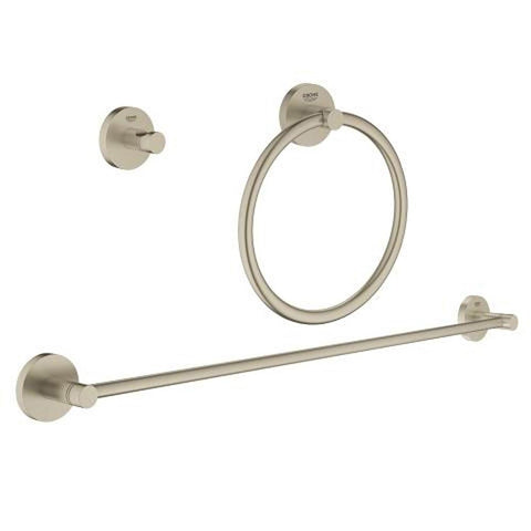 Grohe Essentials City 3-in-1 Brushed Nickel WC Toilet Accessories Set - Robe Hook, Towel Rail & Toilet Roll Holder - Unbeatable Bathrooms