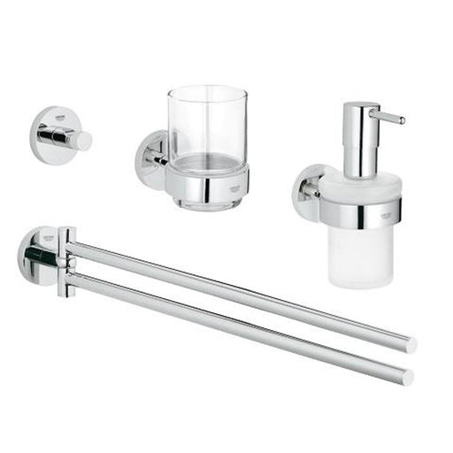 Grohe Essentials 4-in-1 Chrome Bathroom Accessories Set - Robe Hook, Towel Bar, Tumbler Glass & Soap Dispenser - Unbeatable Bathrooms