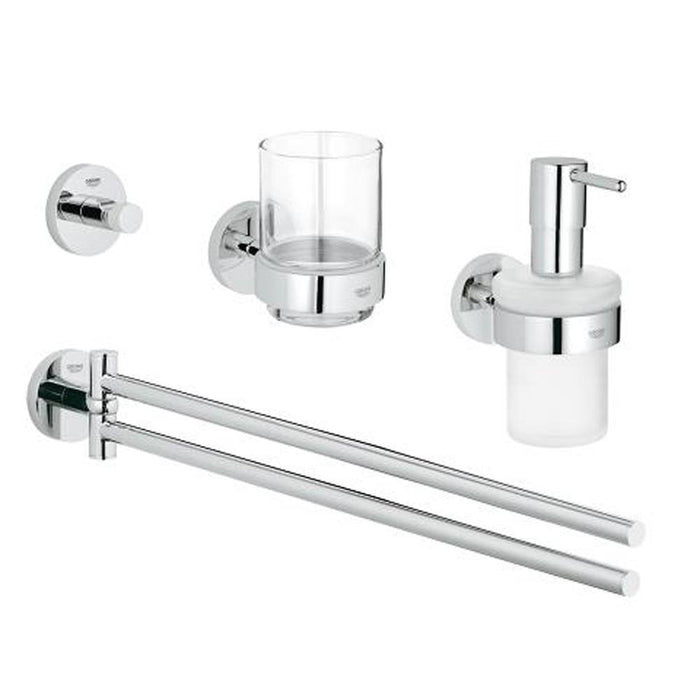 Grohe Essentials 4-in-1 Chrome Bathroom Accessories Set - Robe Hook, Towel Bar, Tumbler Glass & Soap Dispenser - Unbeatable Bathrooms