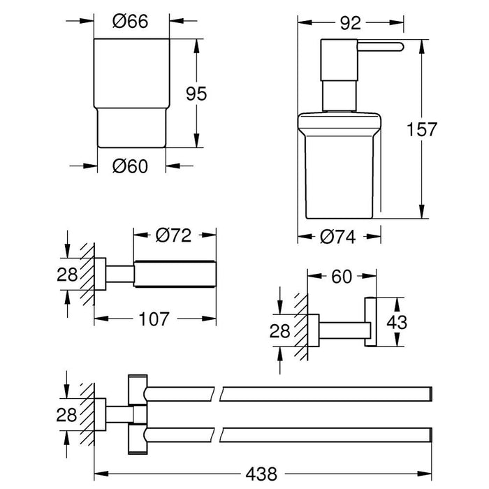 Grohe Essentials Cube 4-in-1 Chrome Bathroom Accessories Set - Towel Bar, Robe Hook, Tumbler Glass & Soap Dispenser - Unbeatable Bathrooms