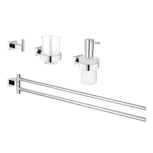 Grohe Essentials Cube 4-in-1 Chrome Bathroom Accessories Set - Towel Bar, Robe Hook, Tumbler Glass & Soap Dispenser - Unbeatable Bathrooms
