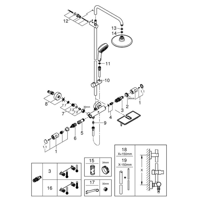 Grohe Euphoria 190 Shower System with Thermostat and 3 Sprays In Chrome - 26249000 - Unbeatable Bathrooms