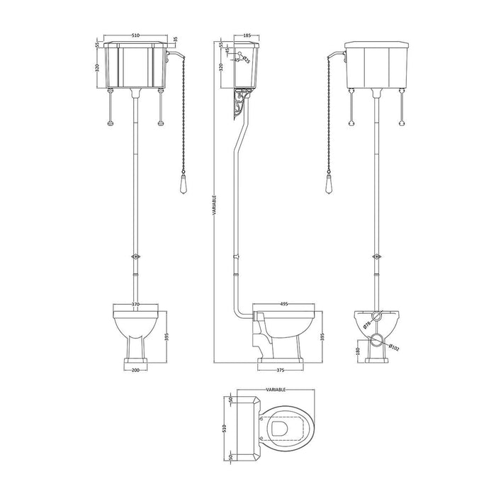 Hudson Reed Richmond High-Level Cistern Toilet & Flush Pipe Kit - Unbeatable Bathrooms