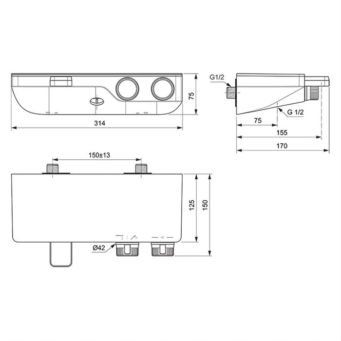 Ideal Standard Ceratherm S200 Exposed Thermostatic Wall Mounted Shelf Bath Shower Mixer - Unbeatable Bathrooms