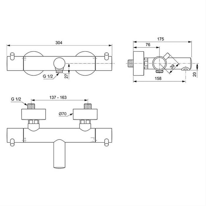 Ideal Standard Ceratherm T125 Exposed Thermostatic Wall Mounted Bath Shower Mixer - Unbeatable Bathrooms