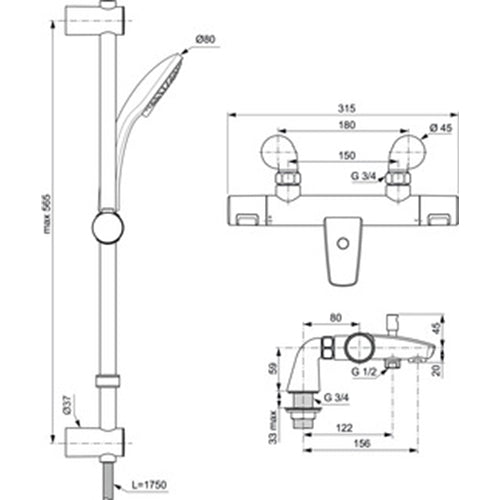 Ideal Standard Ceratherm T25 Exposed Thermostatic Rim Mounted Bath Shower Mixer - Unbeatable Bathrooms