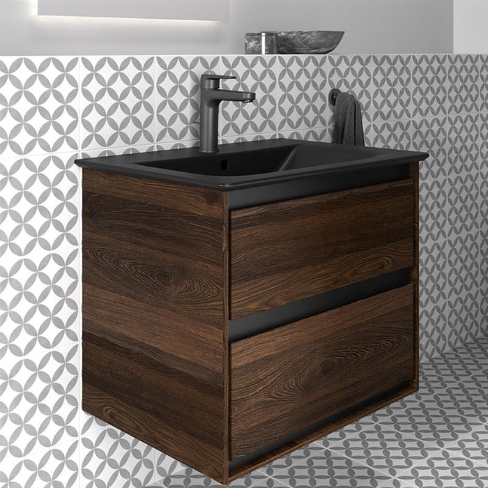 Ideal Standard Connect Air Wall Hung Vanity Unit with 2 Drawers - Silk Black + Wood - Unbeatable Bathrooms