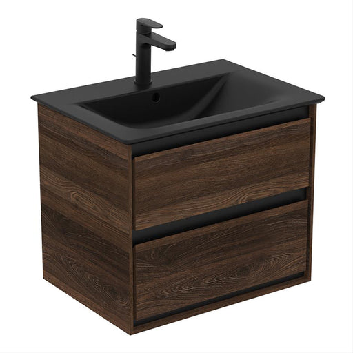 Ideal Standard Connect Air Wall Hung Vanity Unit with 2 Drawers - Silk Black + Wood - Unbeatable Bathrooms