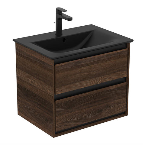 Ideal Standard Connect Air Wall Hung Vanity Unit with 2 Drawers - Silk Black + Wood - Unbeatable Bathrooms