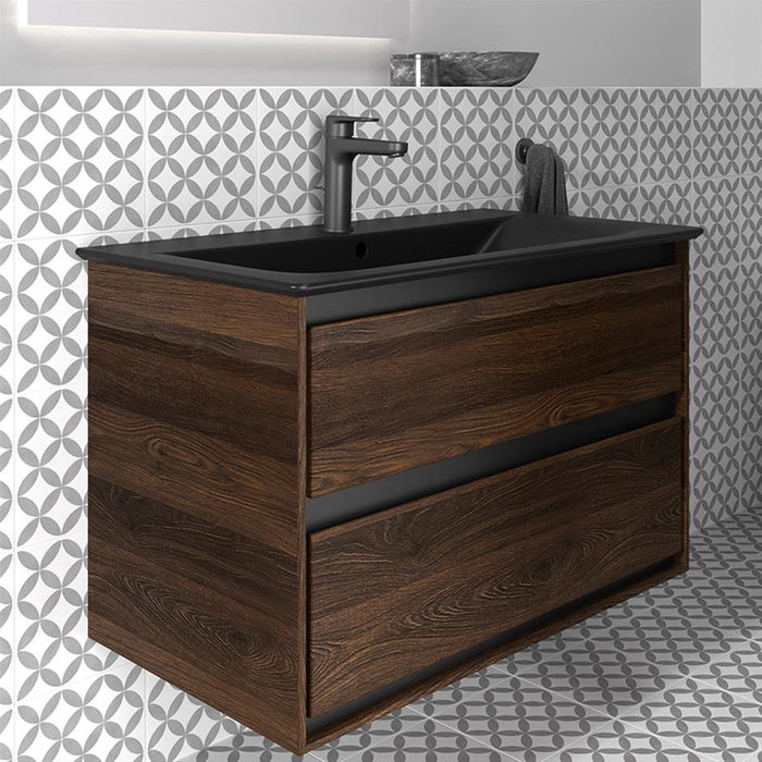 Ideal Standard Connect Air Wall Hung Vanity Unit with 2 Drawers - Silk Black + Wood - Unbeatable Bathrooms