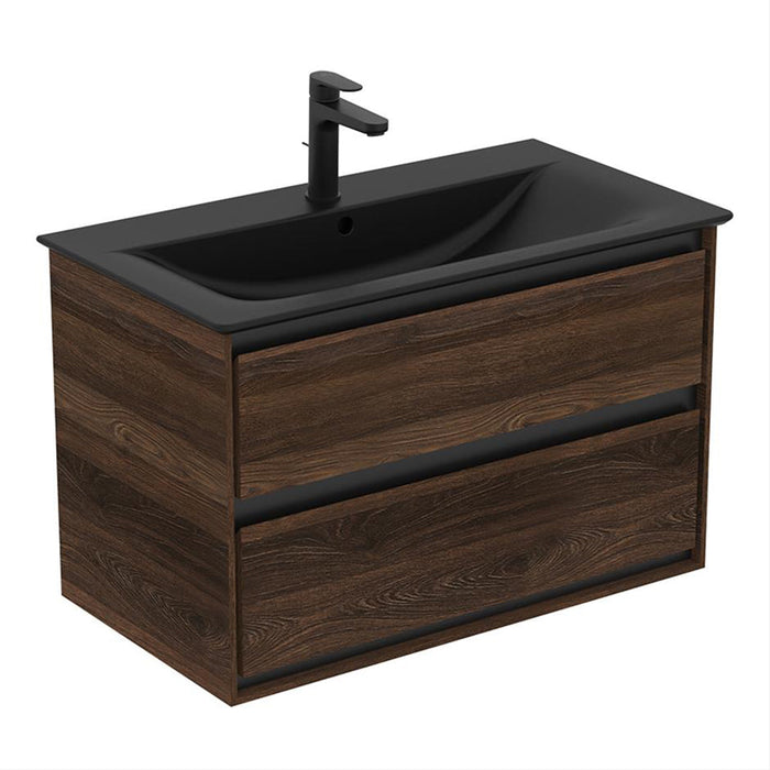 Ideal Standard Connect Air Wall Hung Vanity Unit with 2 Drawers - Silk Black + Wood - Unbeatable Bathrooms
