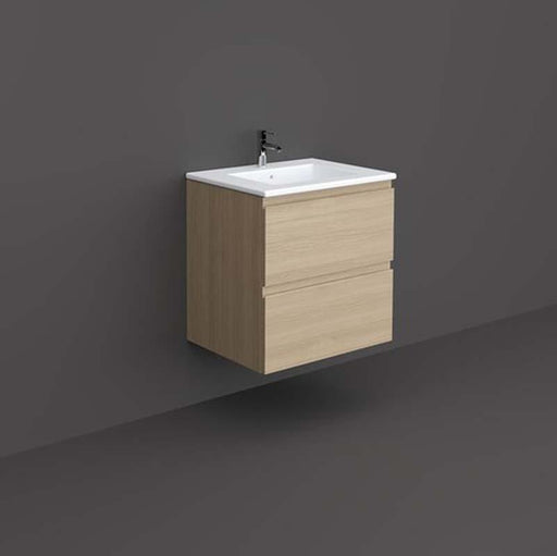 RAK Joy 600mm Vanity Unit - Wall Hung 2 Drawer Unit in Scandinavian Oak - Unbeatable Bathrooms
