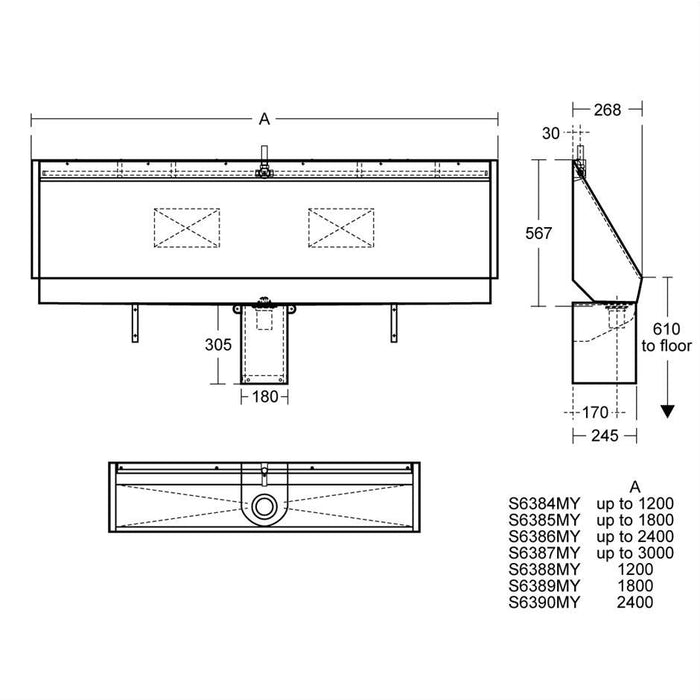 Armitage Shanks Kinloch Urinal 240cm Long Complete with 2inch Domed Strainer Waste, Centre Outlet, Complete with Pipework and Autocistern - Unbeatable Bathrooms