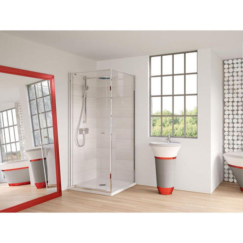 Matki Corner Silver Finish 800mm Pivot Door Includes Glass Guard, Ring Handle and Side Panel - Unbeatable Bathrooms