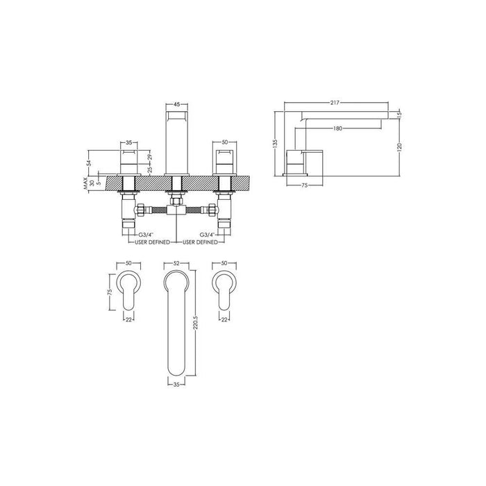 Nuie Arvan Deck Mounted 3TH Bath Filler - Unbeatable Bathrooms