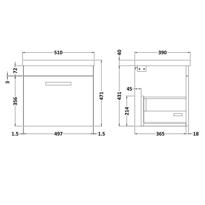 Nuie Athena 500mm Vanity Unit - Wall Hung 1 Drawer Unit with Basin - Unbeatable Bathrooms