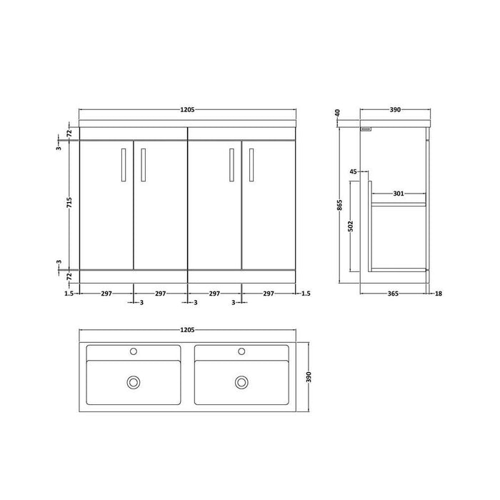 Nuie Athena 1200mm Double Vanity Unit - Floor Standing 4 Door Unit with Basin - Unbeatable Bathrooms