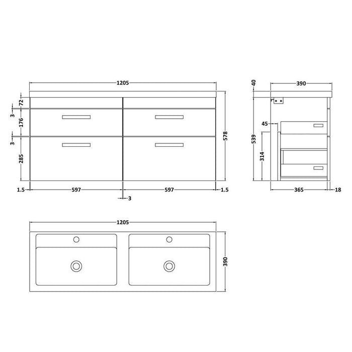 Nuie Athena 1200mm Double Vanity Unit - Wall Hung 4 Drawer Unit with Basin - Unbeatable Bathrooms
