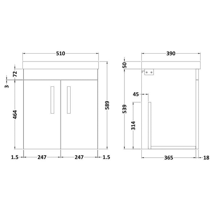 Nuie Athena 500mm Vanity Unit - Wall Hung 2 Door Unit with Basin - Unbeatable Bathrooms