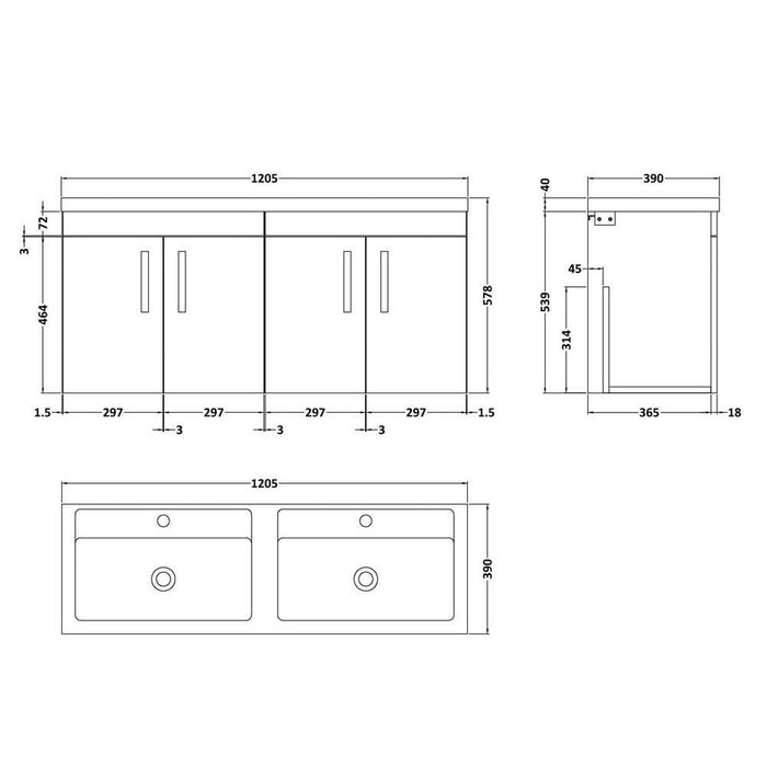Nuie Athena 1200mm Double Vanity Unit - Wall Hung 4 Door Unit with Basin - Unbeatable Bathrooms