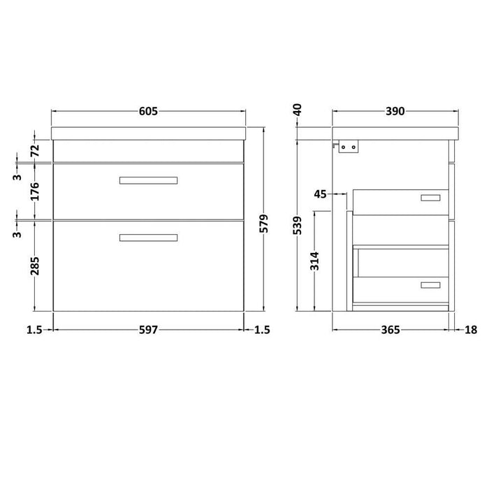 Nuie Athena 600mm Vanity Unit - Wall Hung 2 Drawer Unit with Basin - Unbeatable Bathrooms