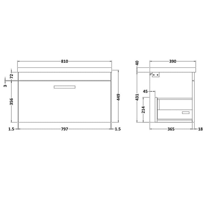 Nuie Athena 800mm Vanity Unit - Wall Hung 1 Drawer Unit with Basin - Unbeatable Bathrooms