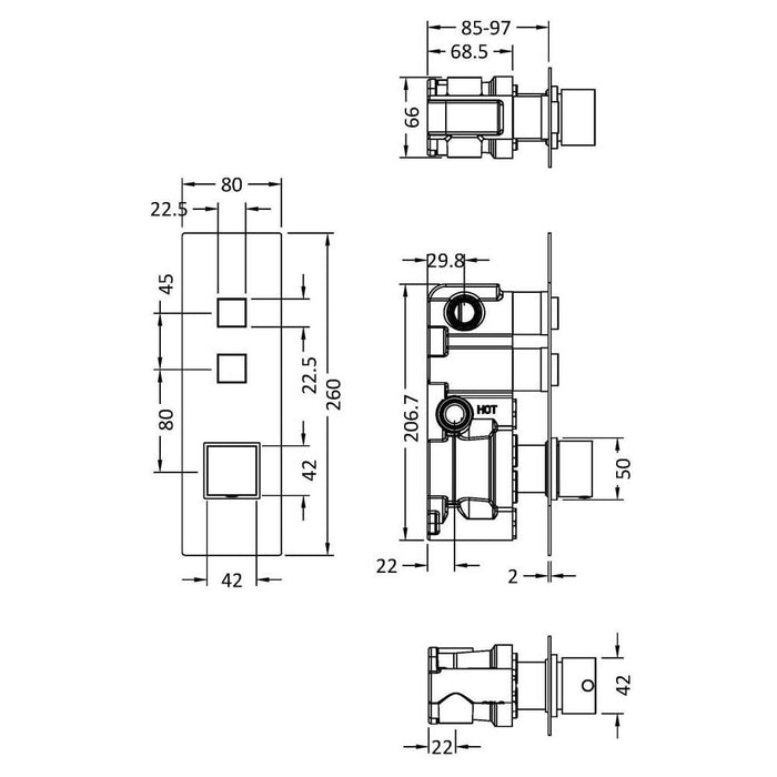 Nuie Square Push Button Valve 2 Outlet - Unbeatable Bathrooms