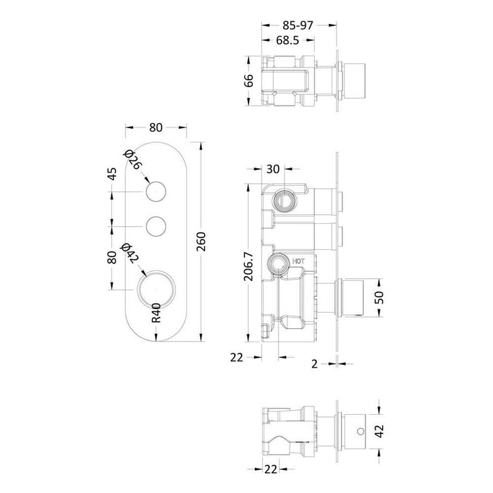 Nuie Round Push Button Valve 2 Outlet - Unbeatable Bathrooms