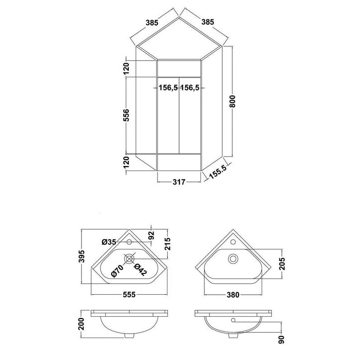 Nuie Mayford 550mm Corner Vanity Unit - Floor Standing 1 Door Unit with Basin - Unbeatable Bathrooms