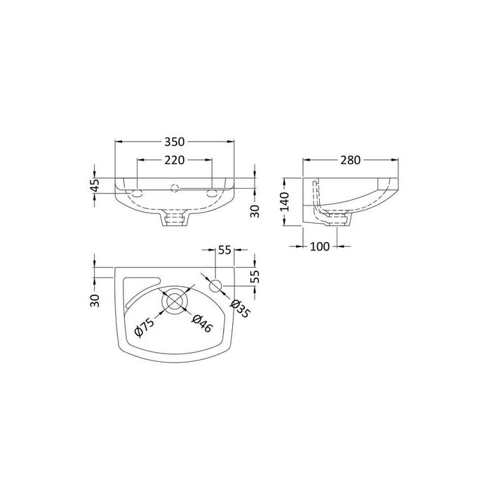Nuie Melbourne 35/45cm 1TH Wall Hung Basin - Unbeatable Bathrooms